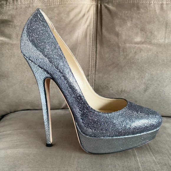 Jimmy Choo Silver Glitter Fabric 6 Pumps Size: 39